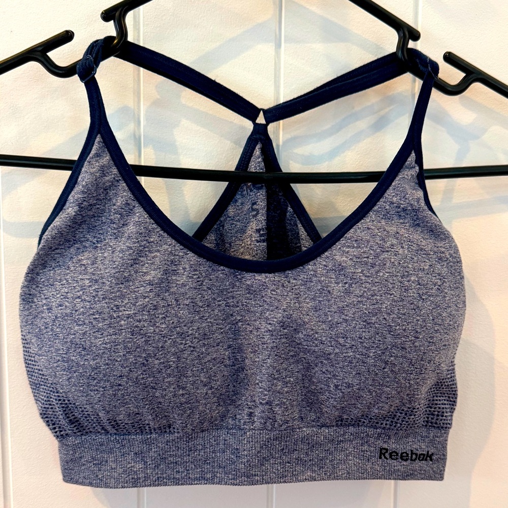 Reebok y back sports bra heathered blue size small